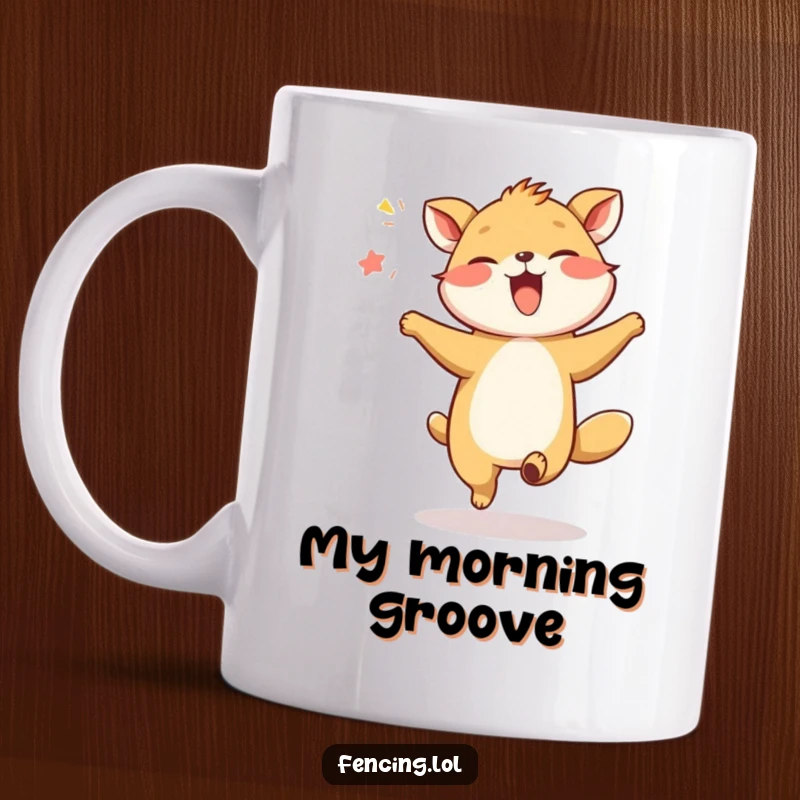 Funny Giggling Animal Dancing Mug: A happy animal giggles while doing a silly dance in the air, full of energy.