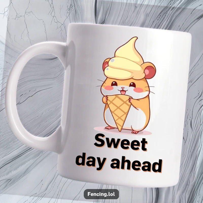 Funny mug showing a cute hamster hilariously attempting to wear a giant, melting ice cream cone.
