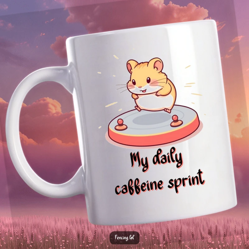 Funny mug with a determined hamster swiftly navigating a complex floor routine, showcasing speed and athletic prowess.