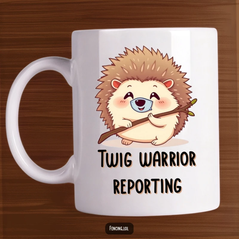 Funny mug showing a round, smiling hedgehog wearing a tiny mask, lunging bravely with a small twig, ready for adventure.