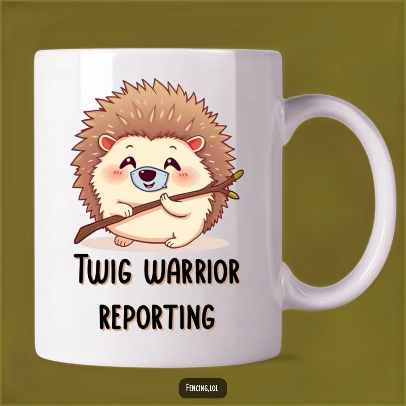 Funny Hedgehog Mask Mug: Tiny Hero Lunging With A Twig, Hilarious Gift