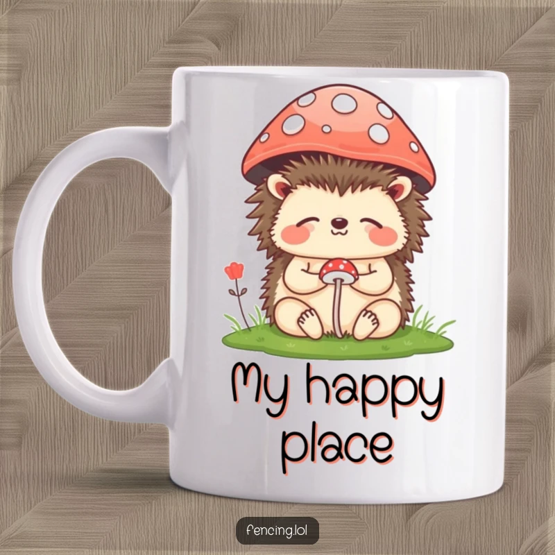 Funny Mug featuring a happy hedgehog meditating peacefully beneath a tiny, whimsical mushroom, radiating calm and humor.