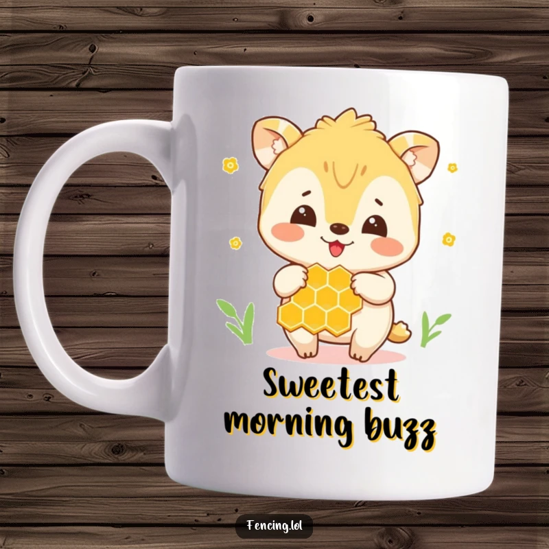 Funny mug with a joyful animal gently holding a dripping honeycomb, radiating happiness and sweetness.