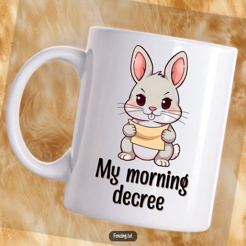 Funny mug featuring a determined rabbit holding a small scroll with a focused gaze, symbolizing ambition and goal achievement.
