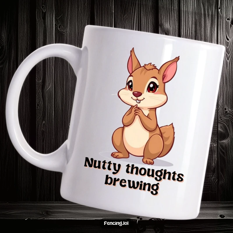 Funny mug with a playful squirrel striking a dramatic, deep thinking pose, contemplating life's mysteries with a nutty expression.