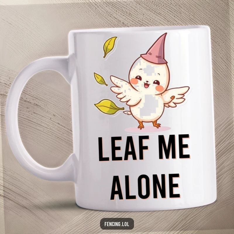 Funny mug showing a cheerful, winged creature wearing a tiny pointed hat parrying a playfully tossed leaf, conveying playful and magical resistance.