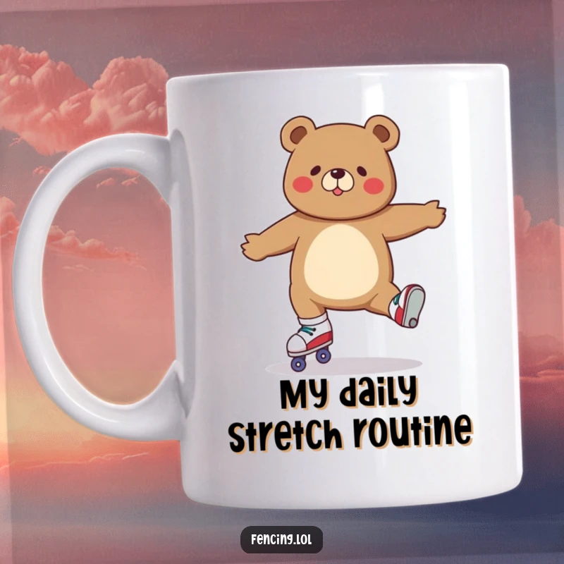 Funny roller skating bear mug showing a determined brown bear executing a flawless split mid-air on roller skates.