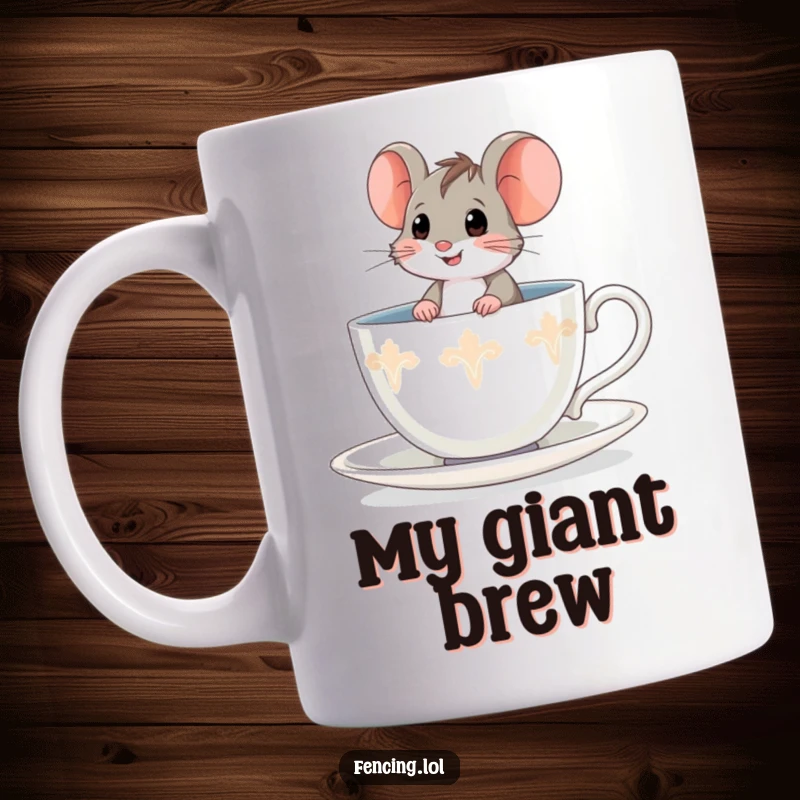 Funny brave mouse mug, sitting confidently inside a giant teacup, embodying courage and tiny-scale adventure.