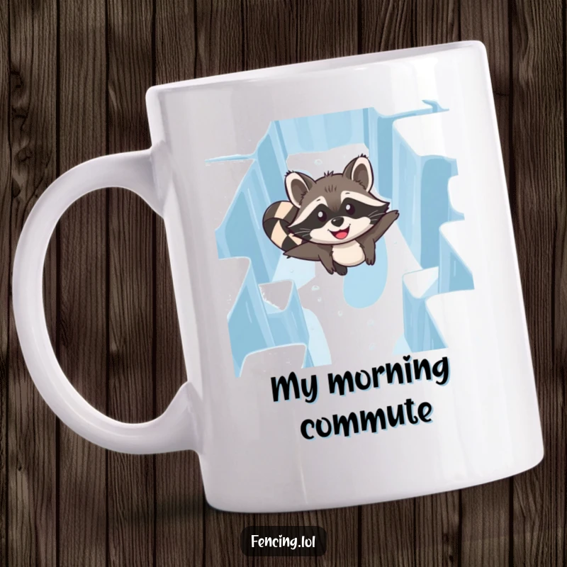 Funny Raccoon Ice Maze Mug: A happy raccoon gliding smoothly through a challenging ice maze, embodying fun and focus.