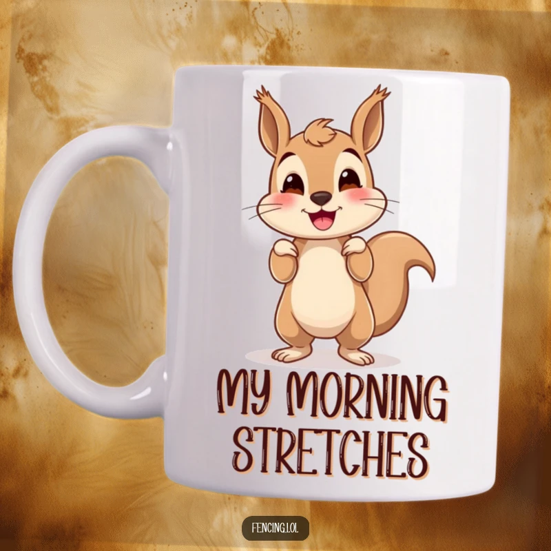 Funny squirrel mug with a smiling squirrel heroically attempting a handstand, wobbling slightly, perfect for a laugh.