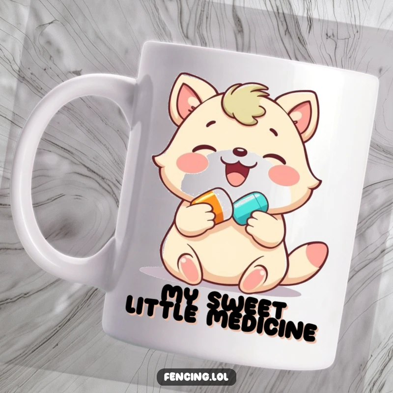 Funny mug, joyful animal gently giving a colorful pill, expressing happiness and a humorous approach to wellness.