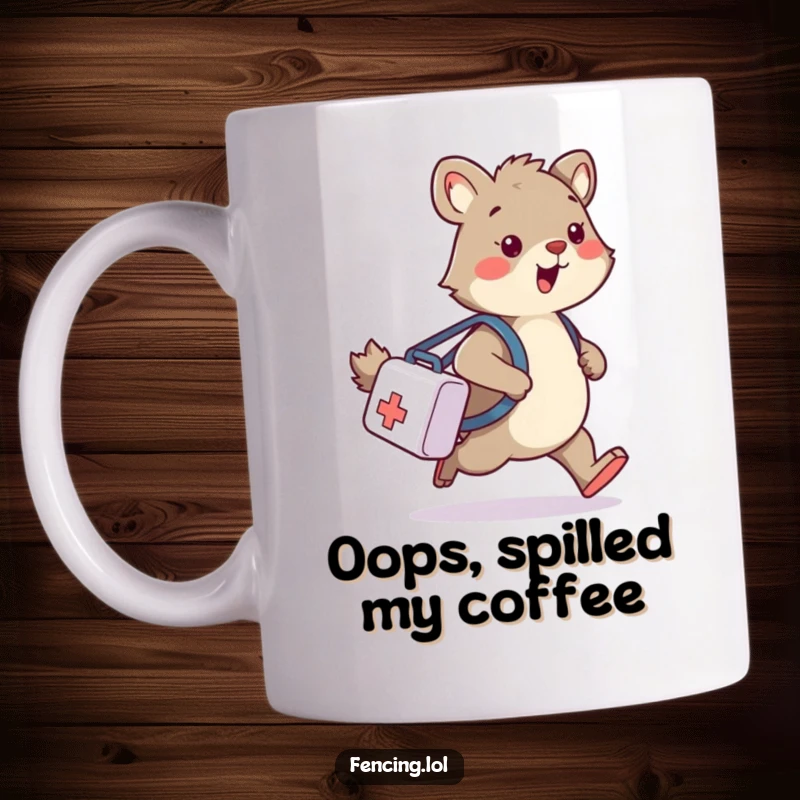 Funny mug showing a wobbly animal tripping while carrying a medical bag, a humorous depiction of chaos.