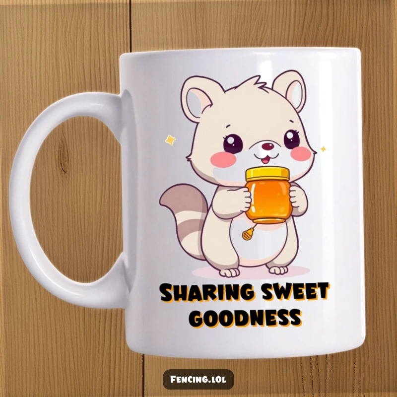 Funny mug showing a playful animal offering a full jar of golden honey with a cheerful expression.