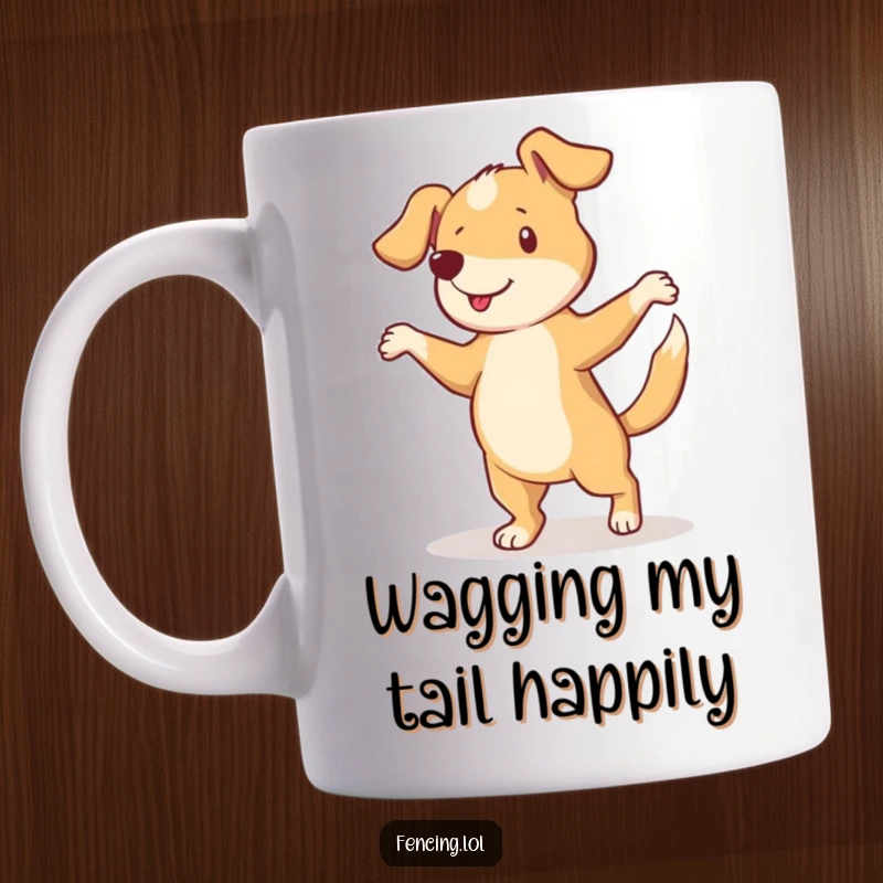 Funny mug depicting a curious dog performing a graceful pirouette with its tail wagging energetically, full of joy.