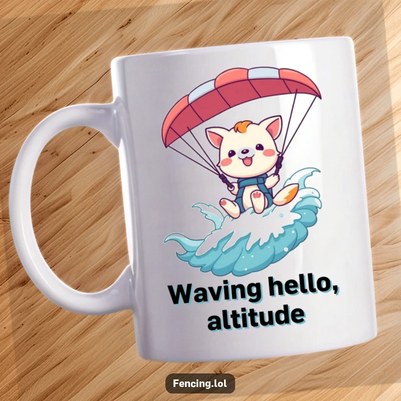 Funny playful animal waving hello from a paraglider harness on a mug, ready for adventure.