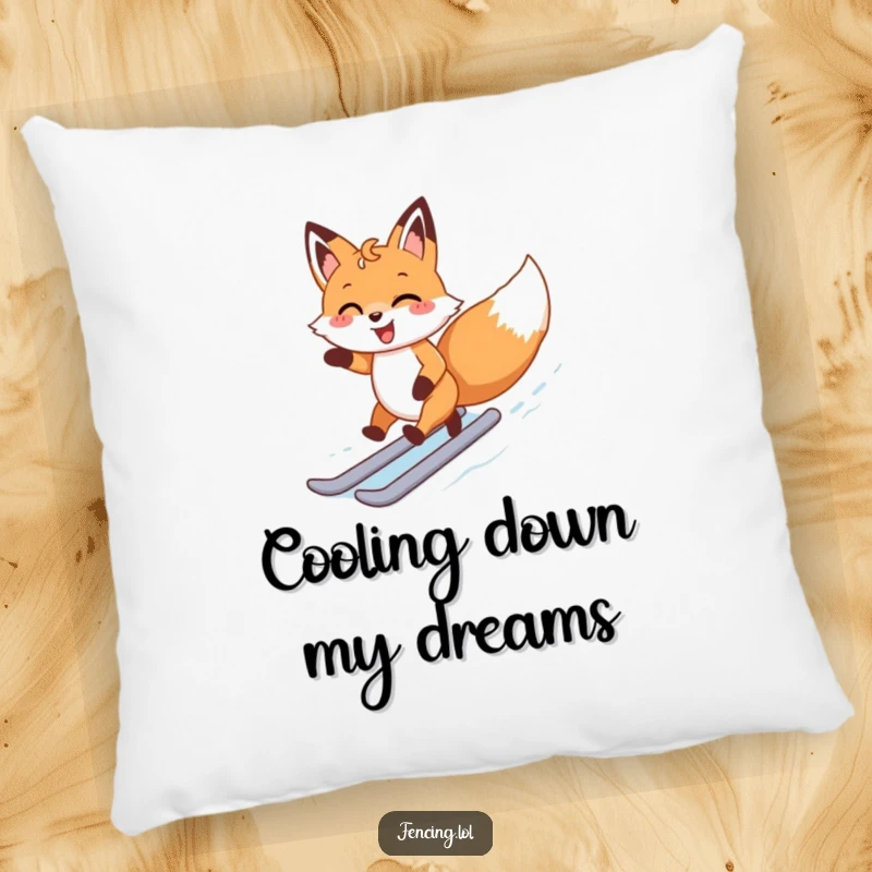 Funny pillow depicting a happy fox with a joyful expression, zipping effortlessly across an ice rink on skates.