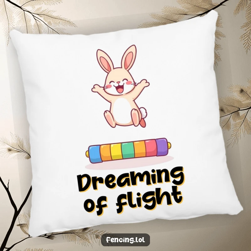 Funny rabbit pillow with a cheerful bunny in mid-high jump, adding a touch of playful energy and humor.