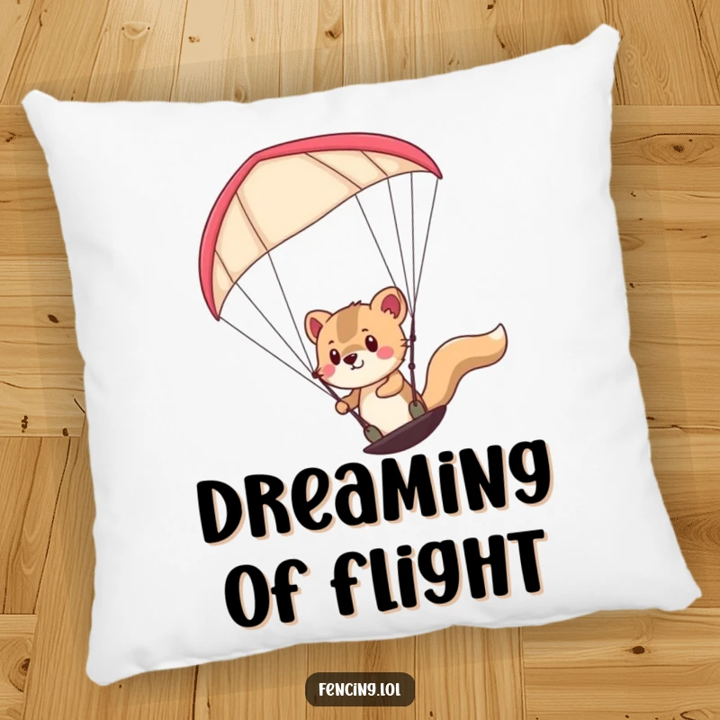 Funny determined animal paragliding on a plush pillow, offering comfort and a humorous touch to any room.