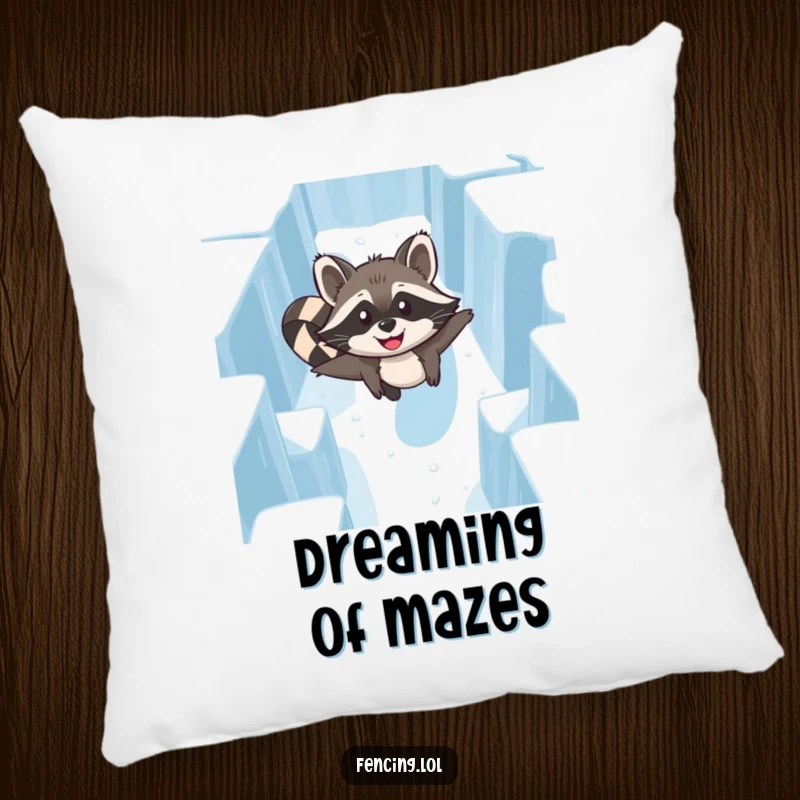 Funny Raccoon Ice Maze Pillow: A contented raccoon resting after navigating an ice maze, offering comfort and humor.