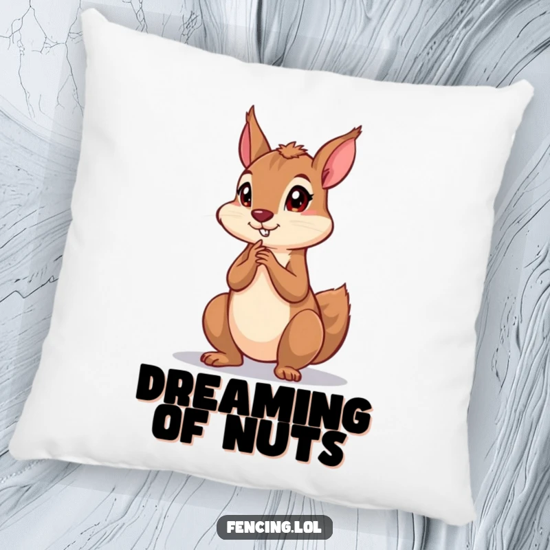 Funny pillow featuring a playful squirrel striking a dramatic, deep thinking pose, offering comfort with a side of intellectual humor.