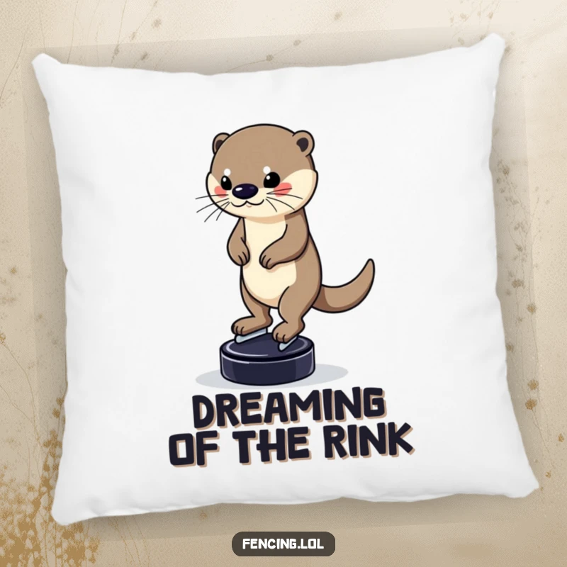 Funny pillow featuring a determined otter balancing on a puck while skating, offering comfort and a touch of heartwarming, athletic humor, ideal for a decorative gift.