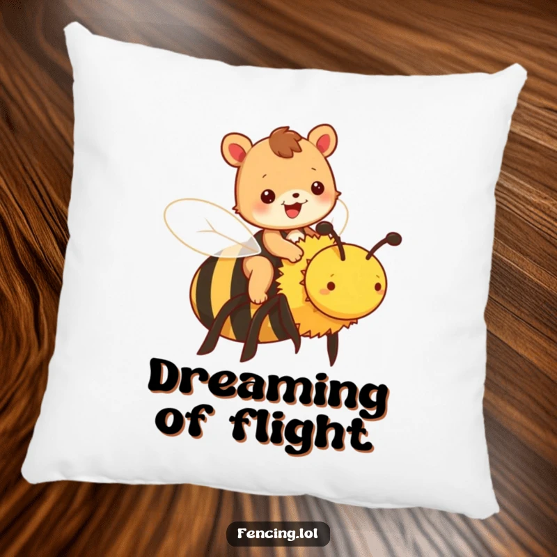 Funny animal pillow with a cheerful animal riding a large bee, a soft and humorous item.