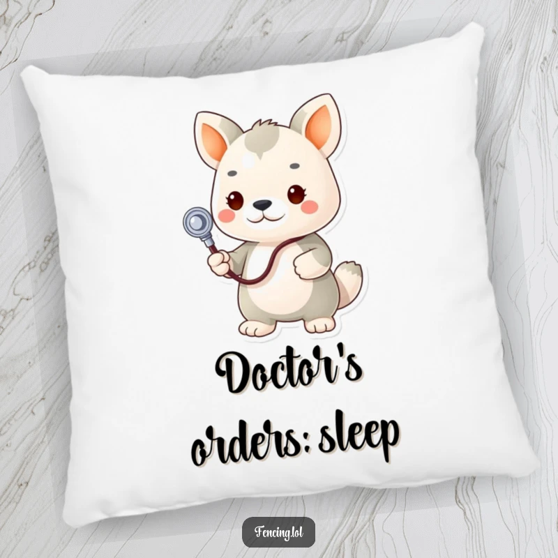 Funny pillow, determined animal vet's stethoscope aimed at a plush toy, offering cozy humor and a cute touch.