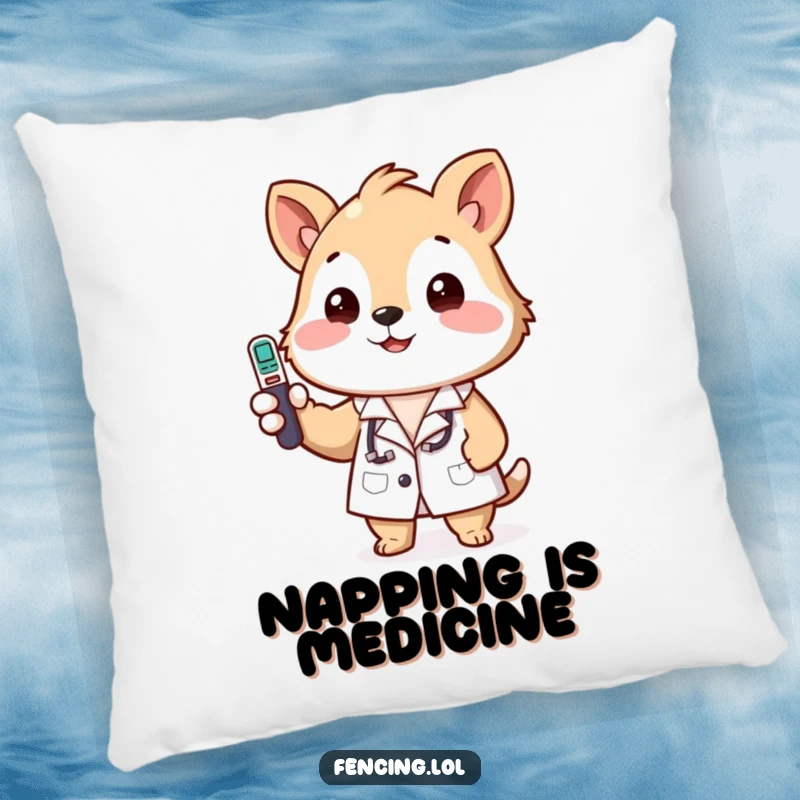 Funny decorative pillow featuring a happy animal in a tiny lab coat, carefully checking a temperature.