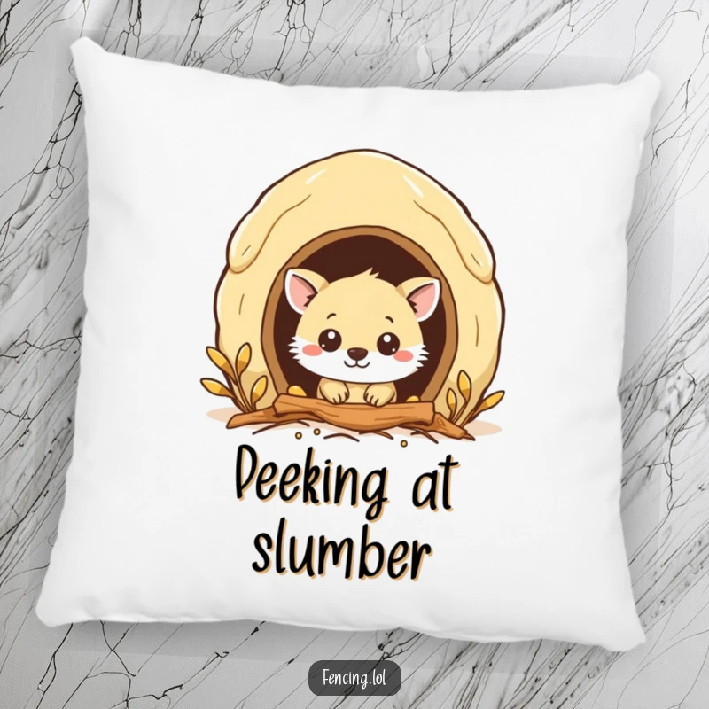 Funny pillow depicting a curious animal peeking into a beehive, great for cozying up with a sense of wonder.
