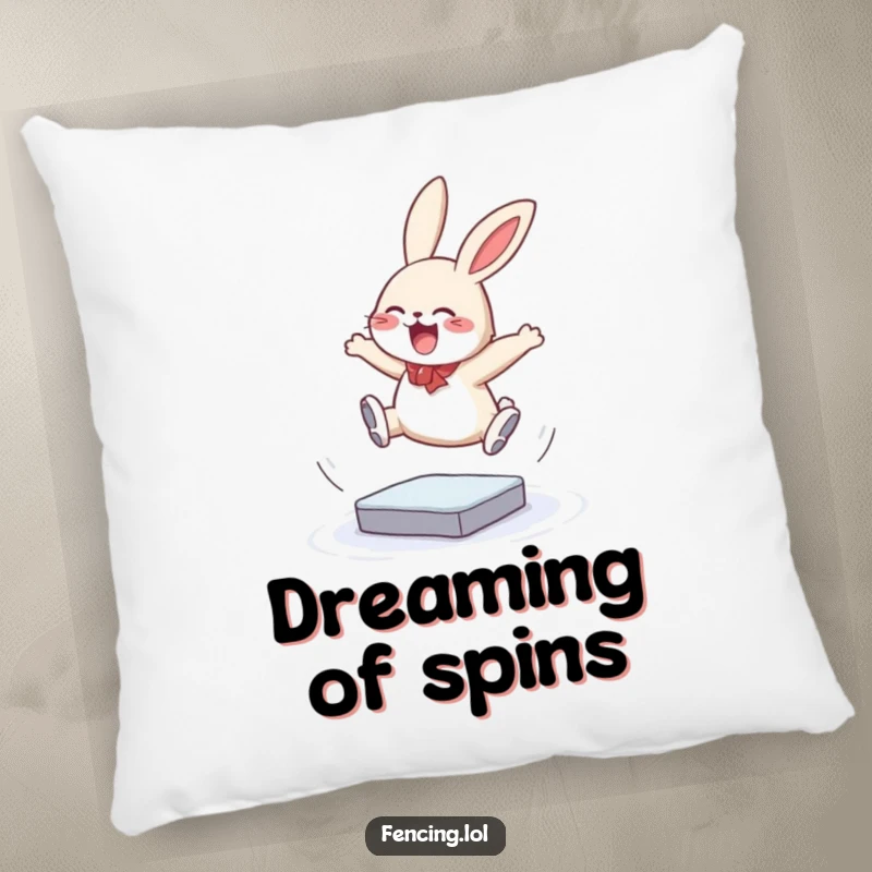 Funny pillow featuring a giggling bunny mid-triple jump on ice, offering comfort and a touch of heartwarming, athletic humor, ideal for a decorative gift.