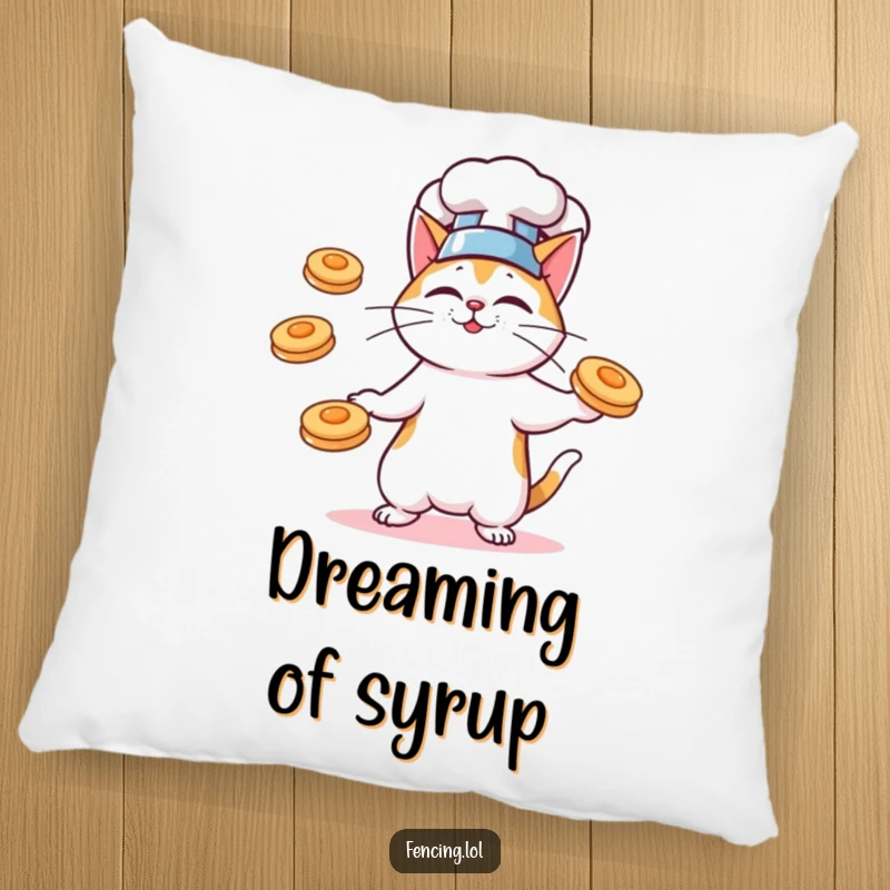 Funny pillow with a cat chef juggling pancakes, adding comfort and humor to a kitchen or living area.