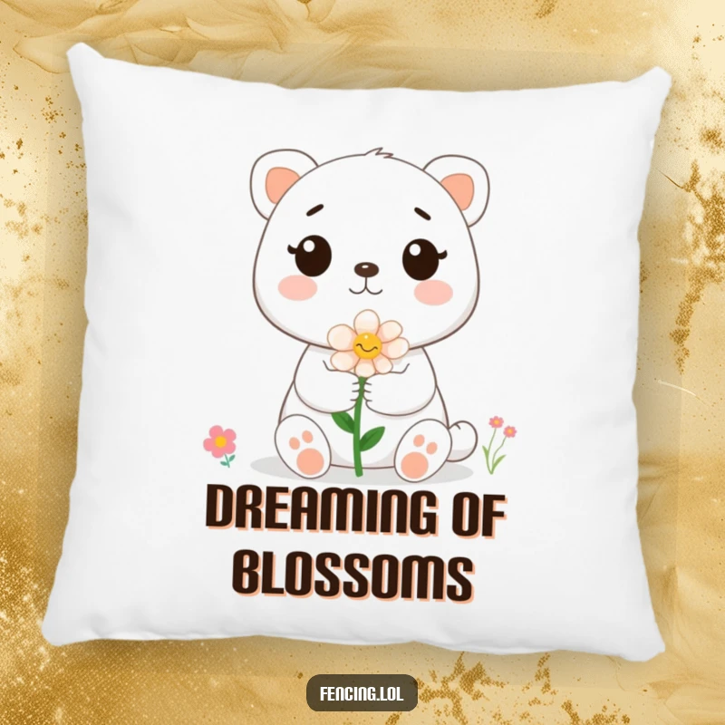 Funny cute animal offering a delicate flower to a busy bee, embroidered on a soft pillow, providing comfort and amusement.