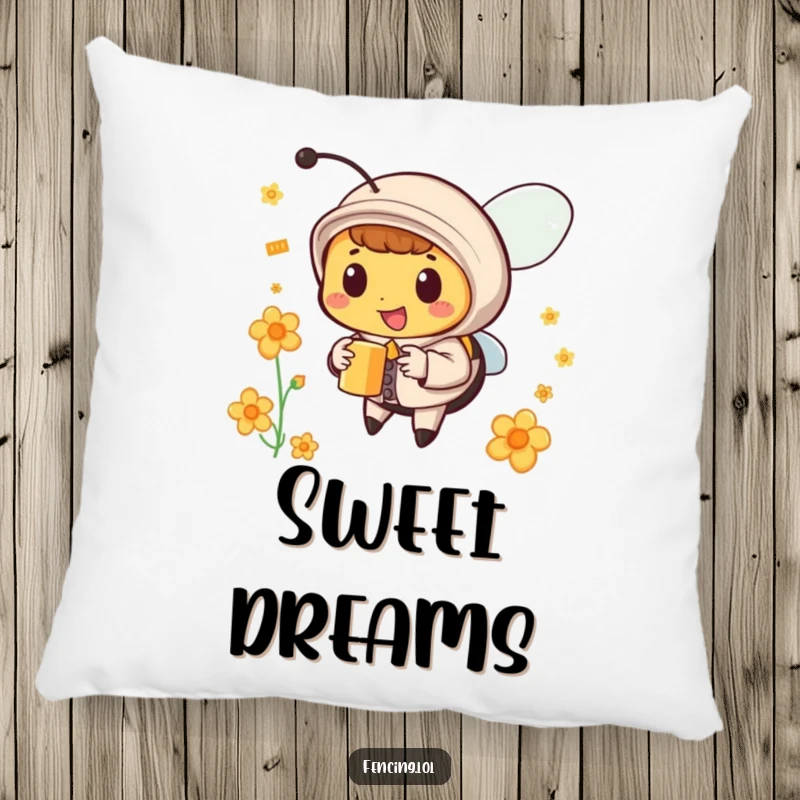 Funny bee pillow depicting a dapper bee in a suit collecting nectar, a cozy funny gift.