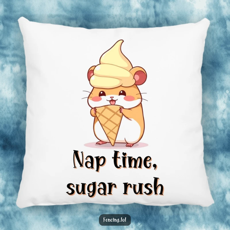 Funny pillow with a hamster attempting to wear a giant ice cream cone, adding comfort and humor.