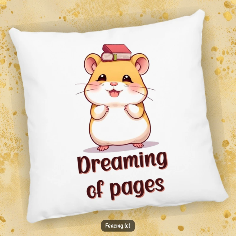 Funny pillow featuring a giggling hamster balancing a small book on its head, offering comfort with a literary and humorous twist.