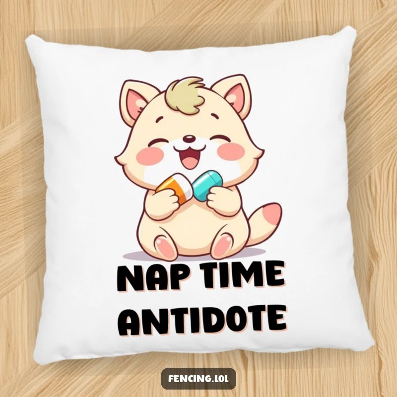Funny pillow, joyful animal gently giving a colorful pill, offering cozy humor and a touch of happy charm.