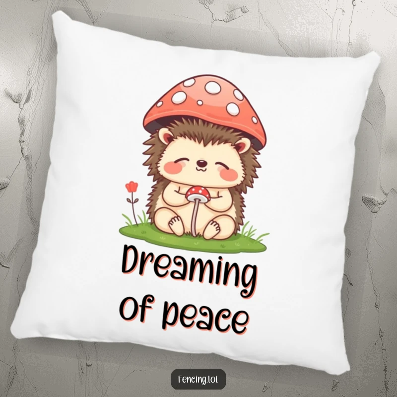 Funny Pillow: A content hedgehog meditating under a small mushroom, offering a blend of comfort, humor, and serene decoration.