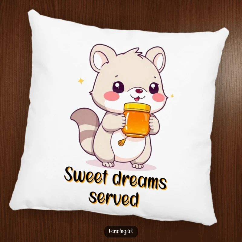 Funny pillow depicting a playful animal offering a jar of honey, great for cozying up with a smile.