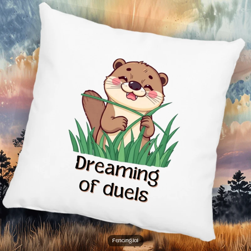 Funny pillow with a happy otter exhibiting a determined grin while fencing with a long blade of grass, providing humorous comfort.