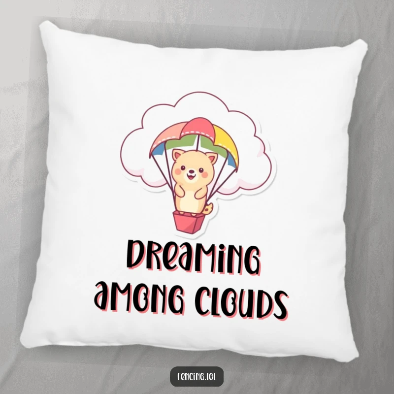 Funny pillow featuring a happy animal floating from a cloud on a colorful parachute, full of joy.