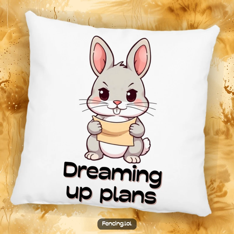 Funny pillow featuring a determined rabbit holding a scroll with a focused gaze, designed for comfort and humorous motivation, perfect gift.
