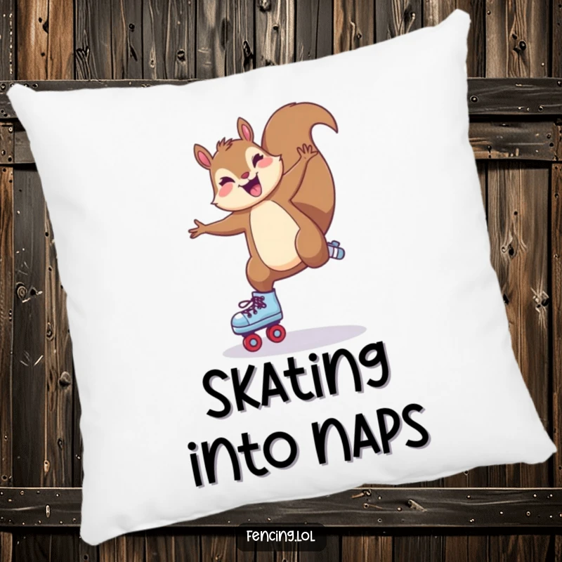 Funny Pillow: A joyful squirrel performs a cartwheel on roller skates, adding a touch of whimsical fun to home decor.