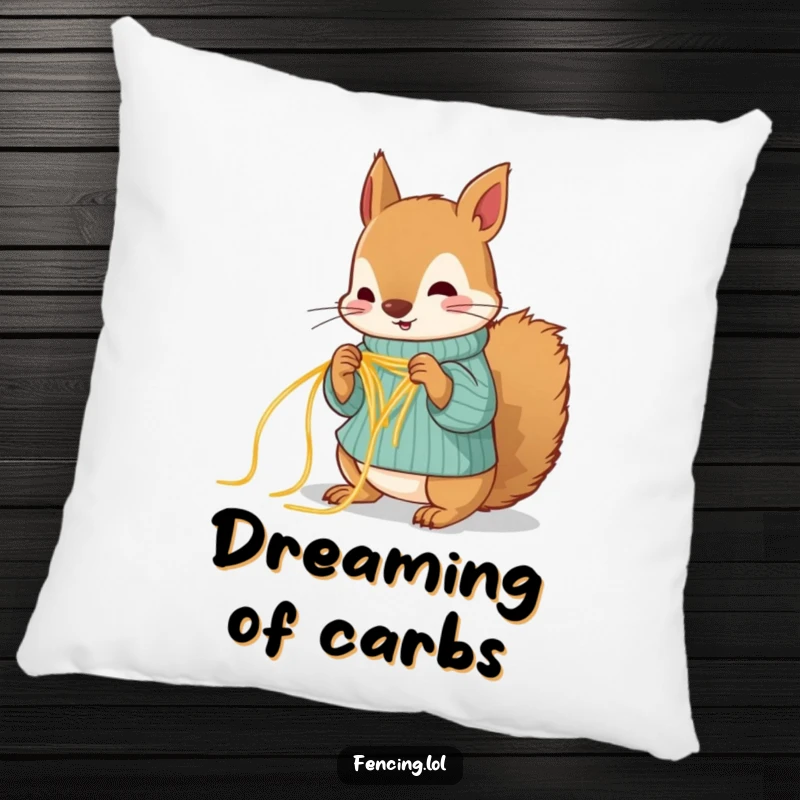 Funny squirrel pillow, humorously knitting with spaghetti, providing comfort and comedic crafting charm.