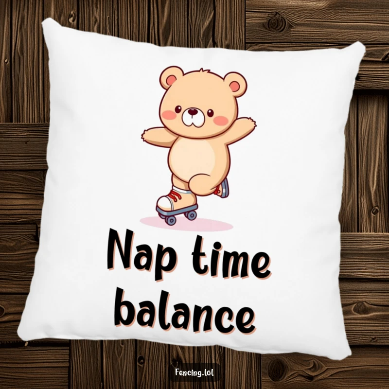 Funny pillow design of a wobbly bear trying to do a trick on roller skates, looking endearingly unstable.