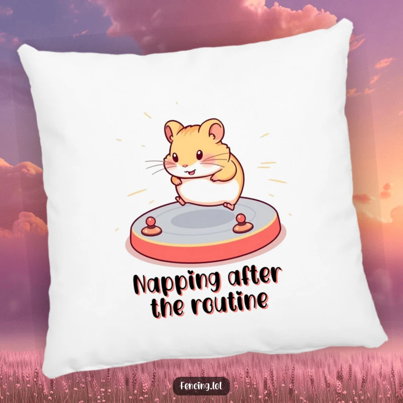 Funny pillow featuring a determined hamster navigating a complex floor routine with speed, providing comfort and a touch of athletic decor.