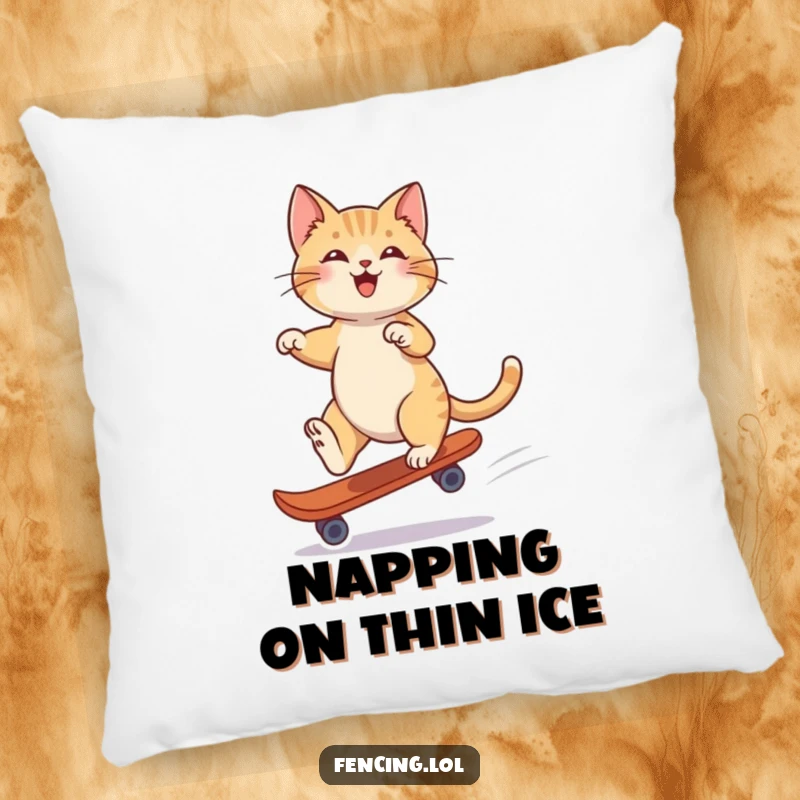Funny pillow design of a playful cat gracefully balancing and gliding on one skate, adding a touch of whimsy.