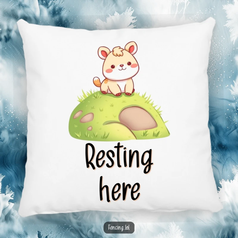 Funny pillow design of a smiling animal landing gently on a grassy hill, offering plush humor and comfort.