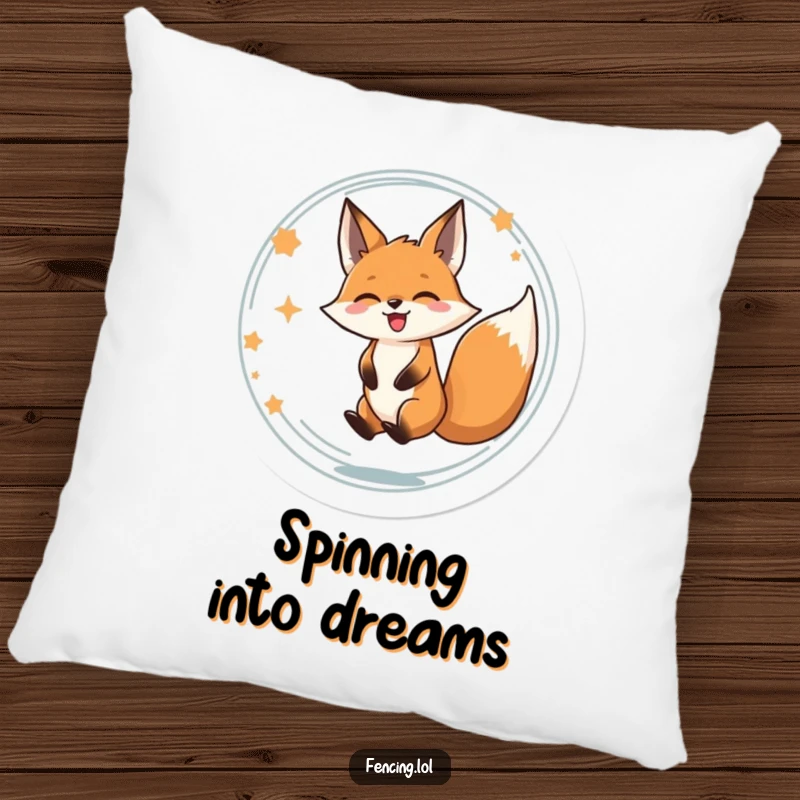 Funny pillow design of a determined fox spinning in a circle with eyes closed, radiating pure delight and happiness.