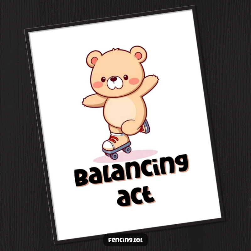 Funny digital art print of a wobbly bear attempting a roller skating trick, capturing a moment of pure comedic instability.