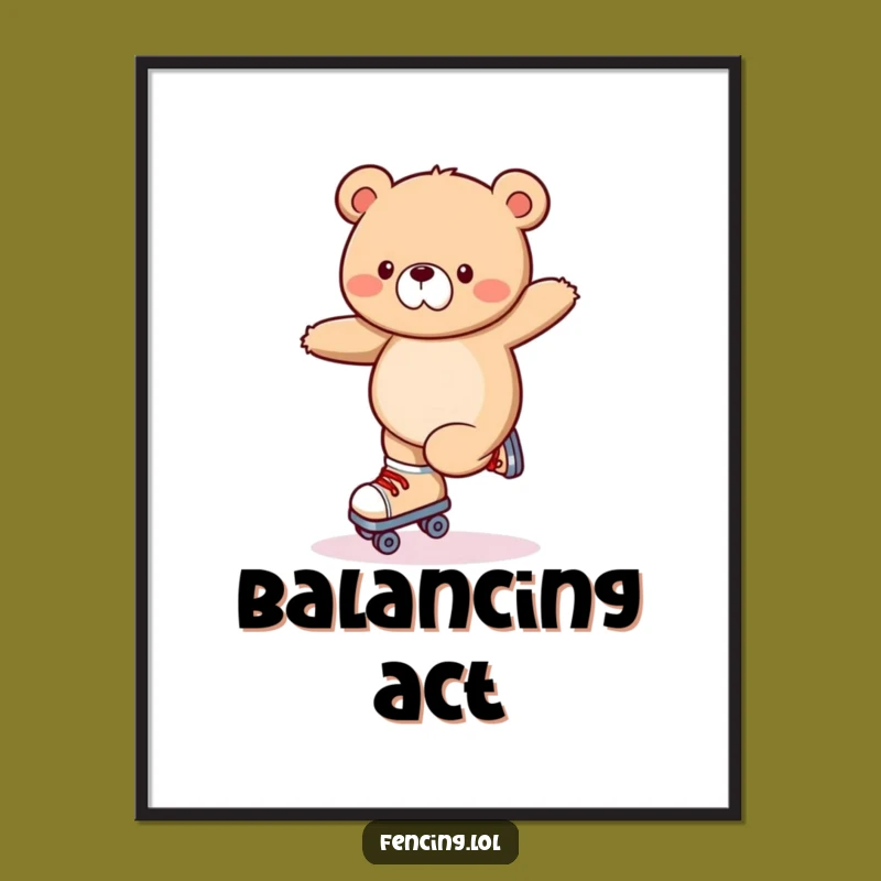 Funny Wobbly Bear Roller Skating Digital Print - Instant Laughs & Decor